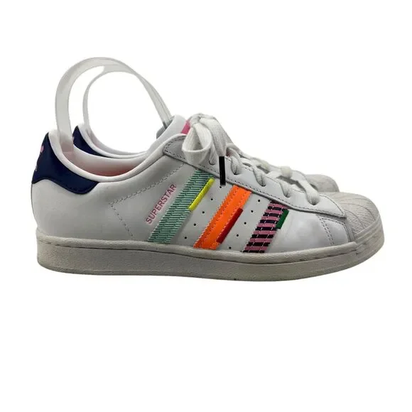Adidas Mens 7.5 Superstar Shoe White Leather Multi Jagged Shell Toe Sneaker - Picture 1 of 13